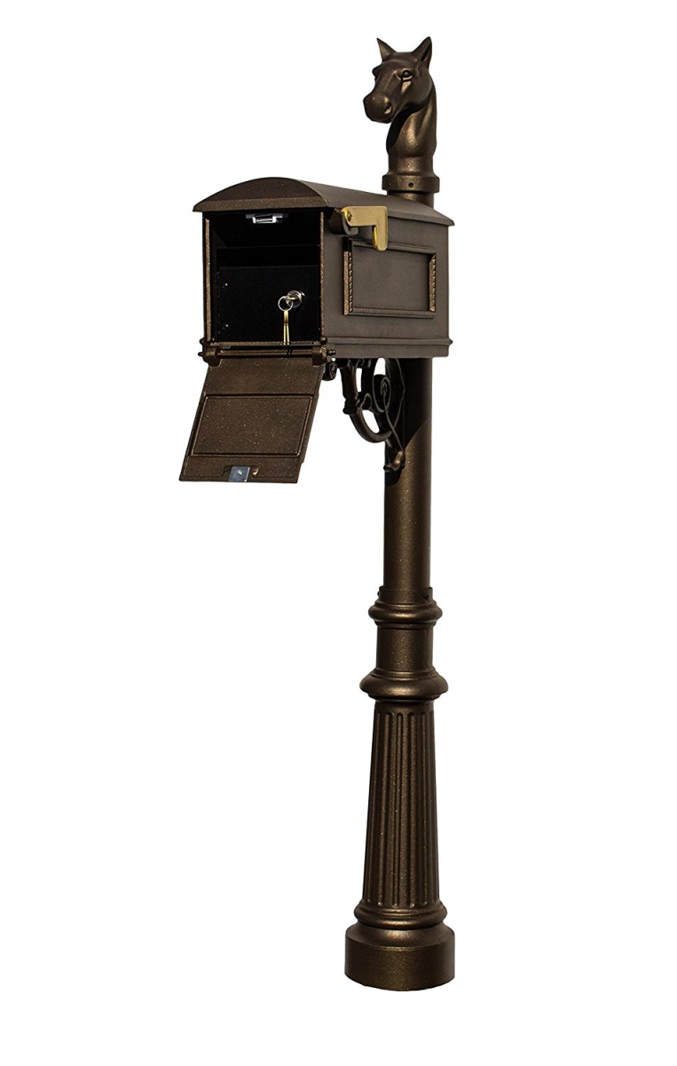LML-801-BZ Lewiston Equine Mailbox Post System with Locking Insert, Fluted Base & Horsehead Finial - Bronze