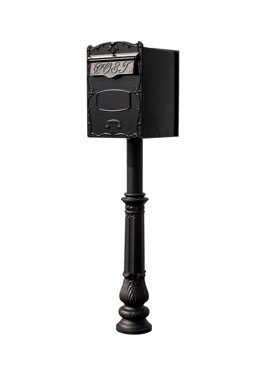 18 in. Kingsbury REAR Retrieval Mailbox with Hanford Post & Decorative Ornate Base - Black