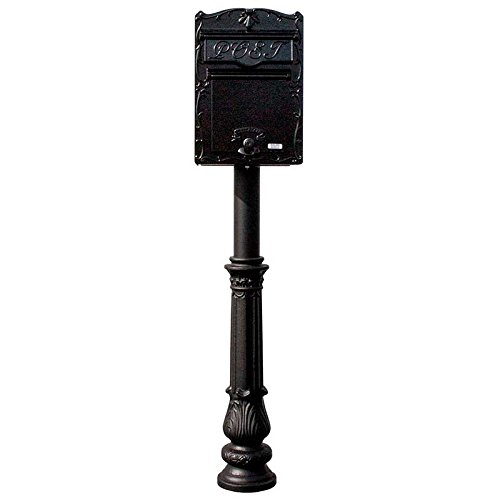 LSF-LS03-HPFRG-7-BLK 18 in. Kingsbury FRONT Retrieval Mailbox with Hanford Post & Decorative Ornate Base - Black