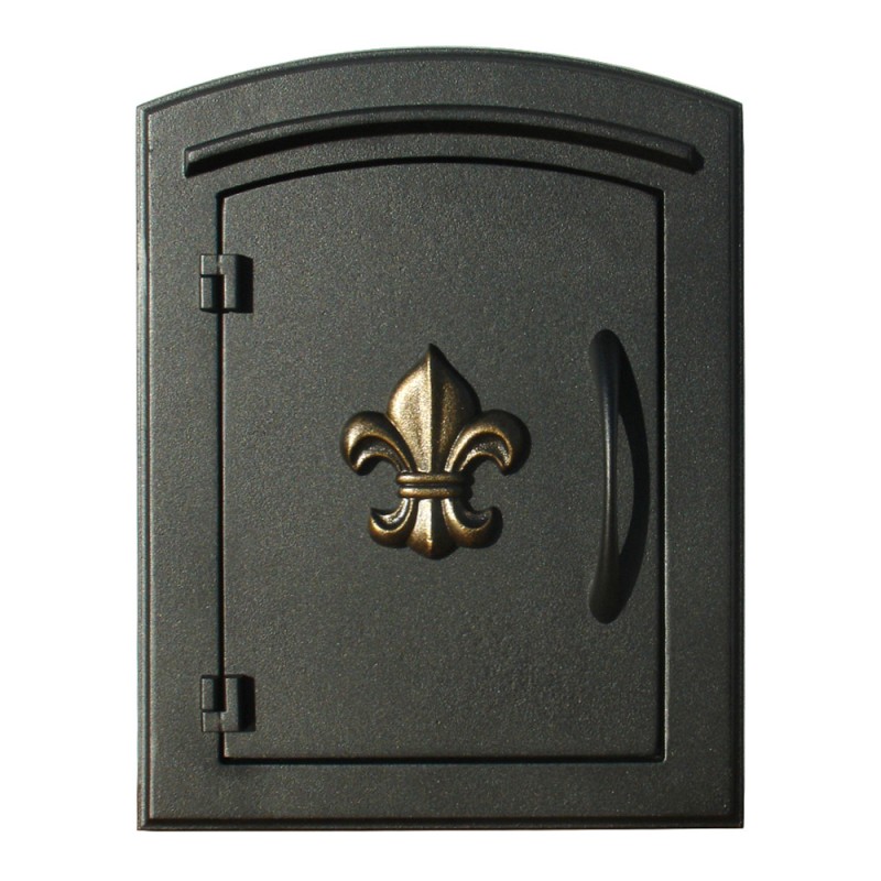 MAN-S-1402-BL 12 in. Manchester Security Drop Chute Mailbox with Decorative Fleur De Lis Logo Faceplate in Black