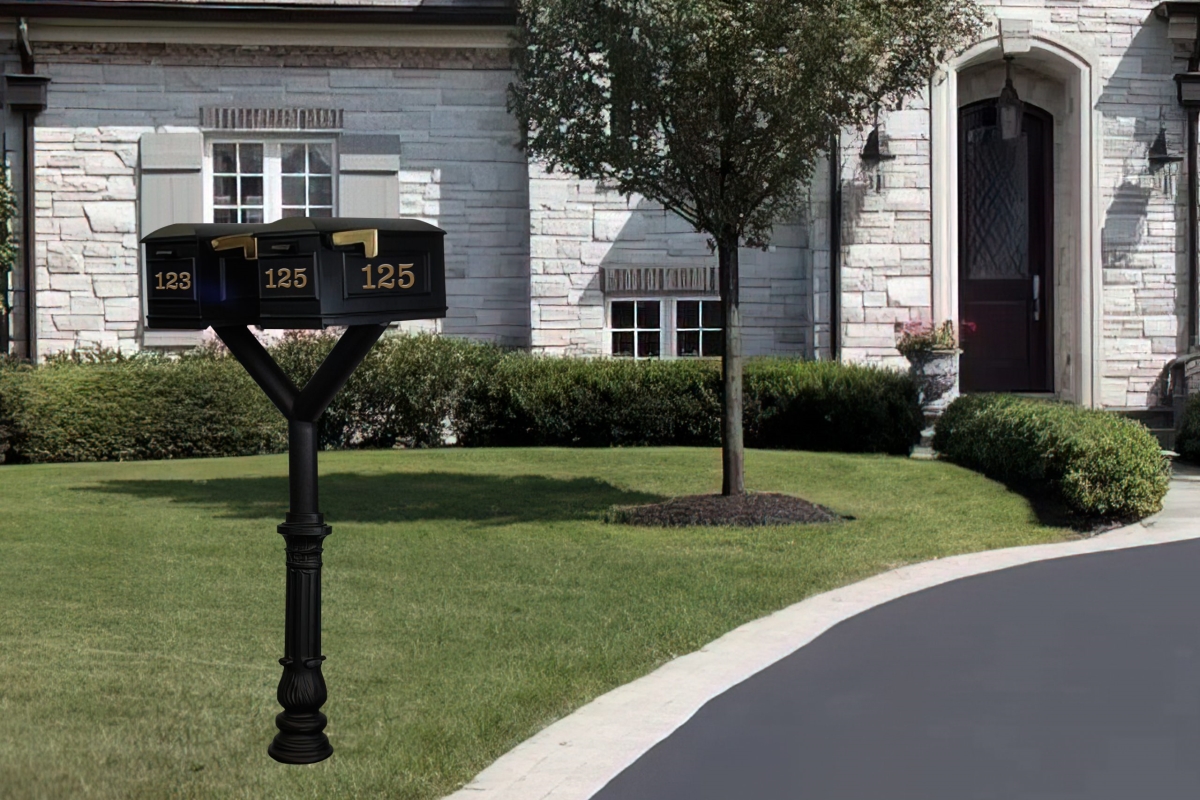 PENPST2-700-LM Penfield Twin Mailbox Post System, Decorative Ornate Base with 2 Lewiston Mailboxes - Black
