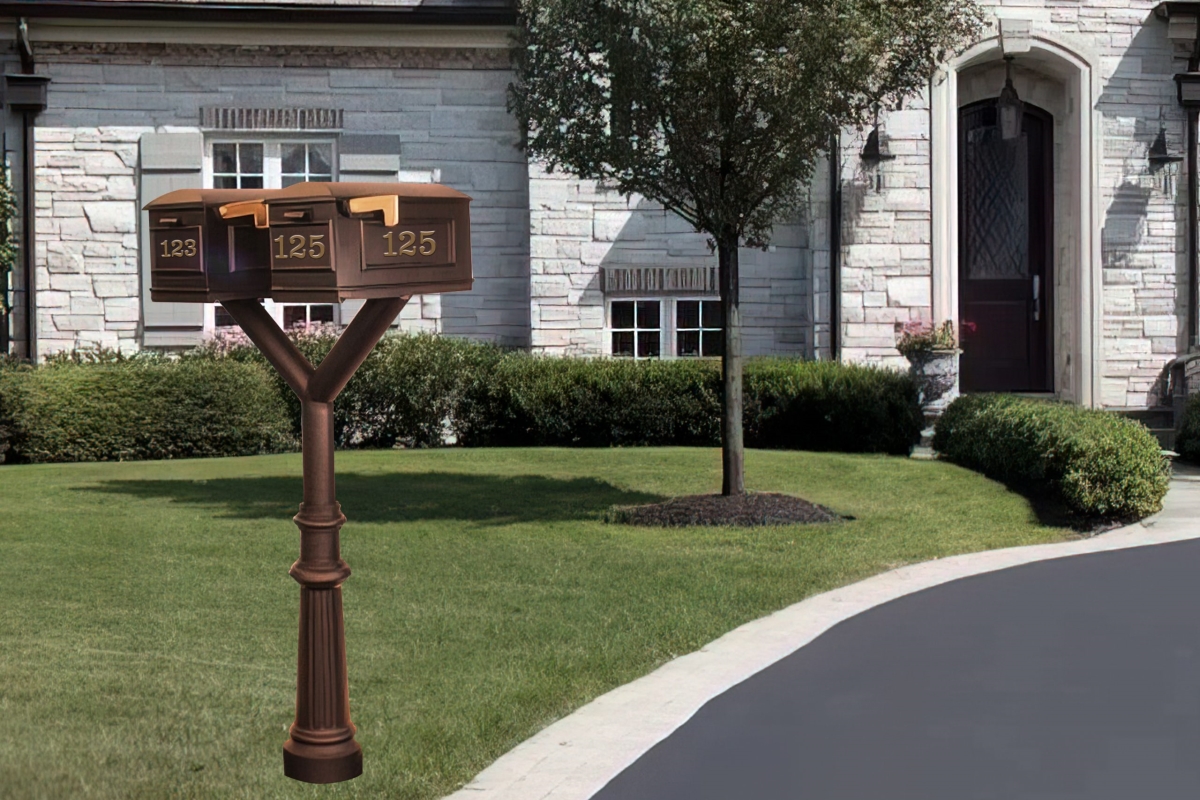 PENPST2-800-LM-BRZ Penfield Twin Mailbox Post System, Decorative Fluted Base with 2 Lewiston Mailboxes - Bronze