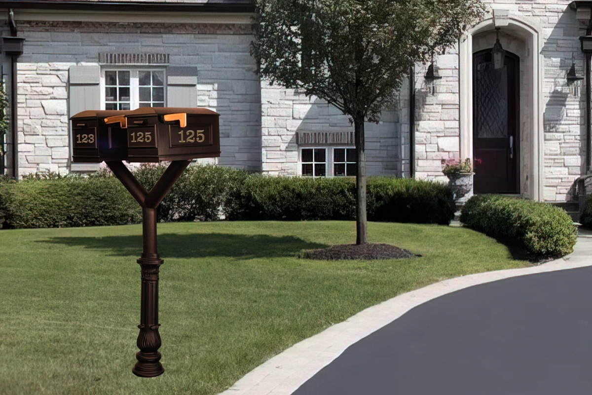 PENPST2-700-LM-BRZ Penfield Twin Mailbox Post System, Decorative Ornate Base with 2 Lewiston Mailboxes - Bronze