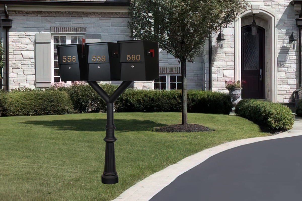 PENPST3-800-LS Penfield Triple Mailbox Post System, Decorative Fluted Base with 3 Letter Sentry Mailboxes - Black