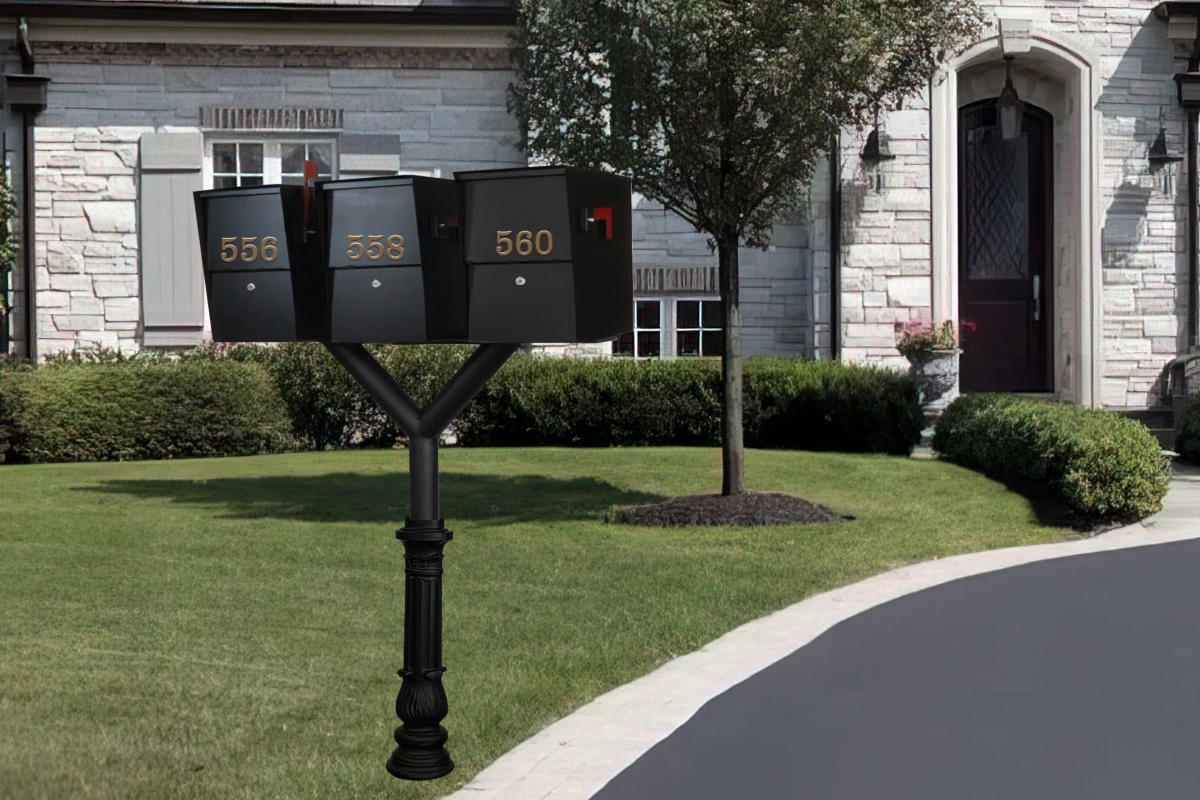 PENPST3-700-LS Penfield Triple Mailbox Post System, Decorative Ornate Base with 3 Letter Sentry Mailboxes - Black