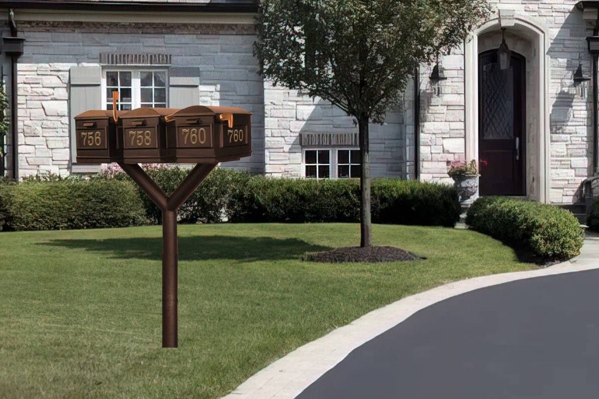 PENPST3-000-LM-BRZ Penfield Triple Mailbox Post System, No Base with 3 Lewiston Mailboxes - Bronze
