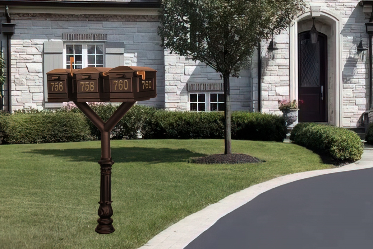 PENPST3-700-LM-BRZ Penfield Triple Mailbox Post System, Decorative Ornate Base with 3 Lewiston Mailboxes - Bronze