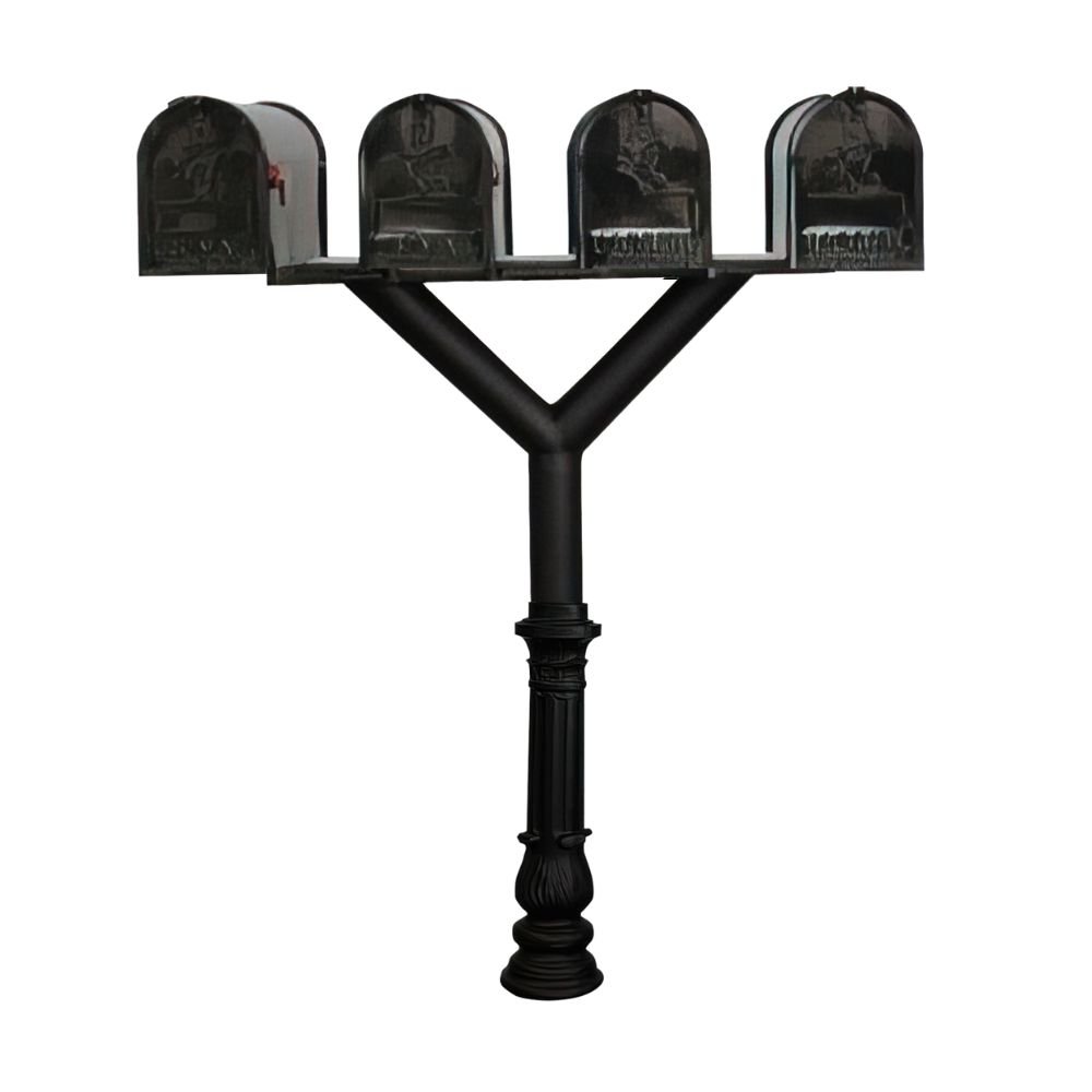 PENPST4-700-E1 Penfield Quad Mailbox Post System, Decorative Ornate Base with 4 E1 Economy Mailboxes - Black