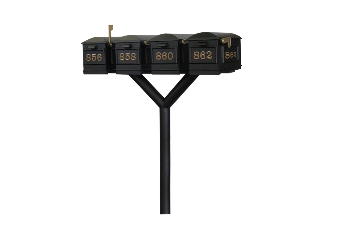 PENPST4-000-LM Penfield Quad Mailbox Post System, No Base with 4 Lewiston Mailboxes - Black