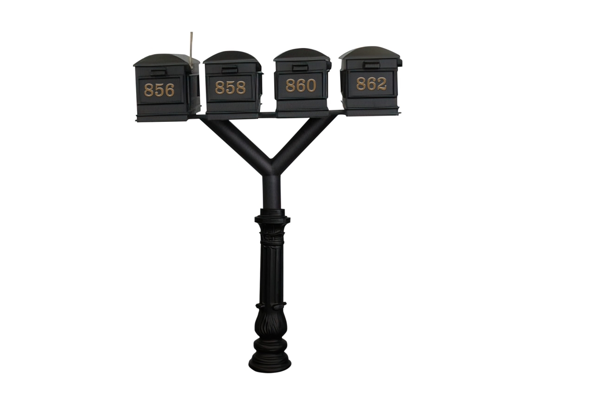 PENPST4-700-LM Penfield Quad Mailbox Post System, Decorative Ornate Base with 4 Lewiston Mailboxes - Black
