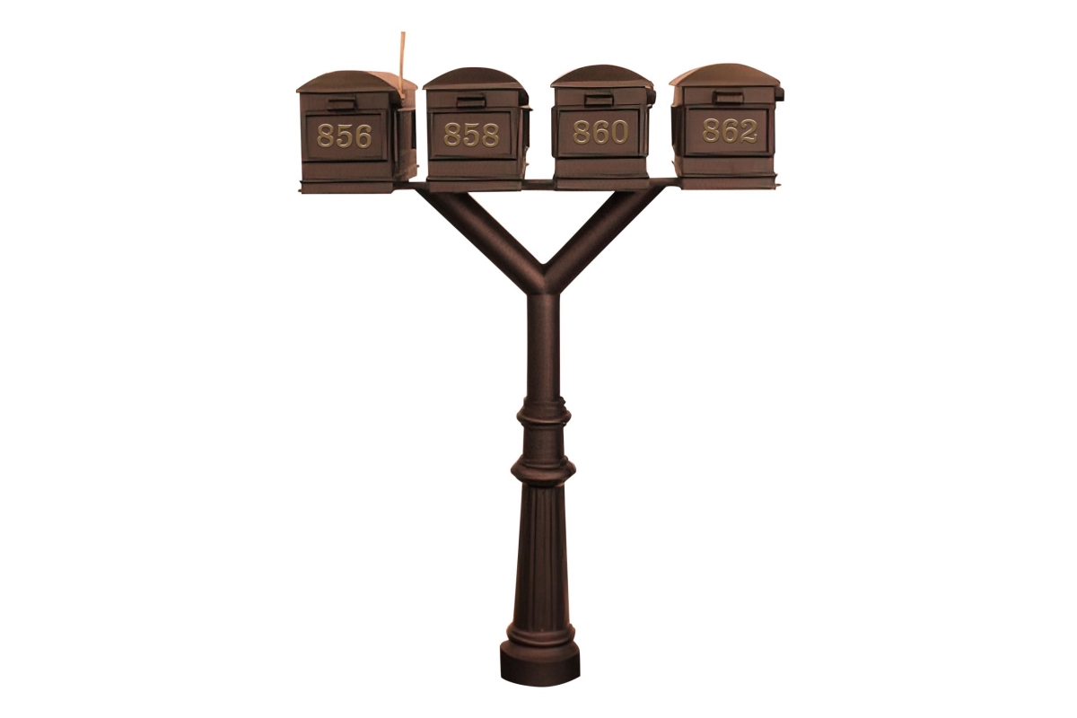 PENPST4-800-LM-BRZ Penfield Quad Mailbox Post System, Decorative Fluted Base with 4 Lewiston Mailboxes - Bronze
