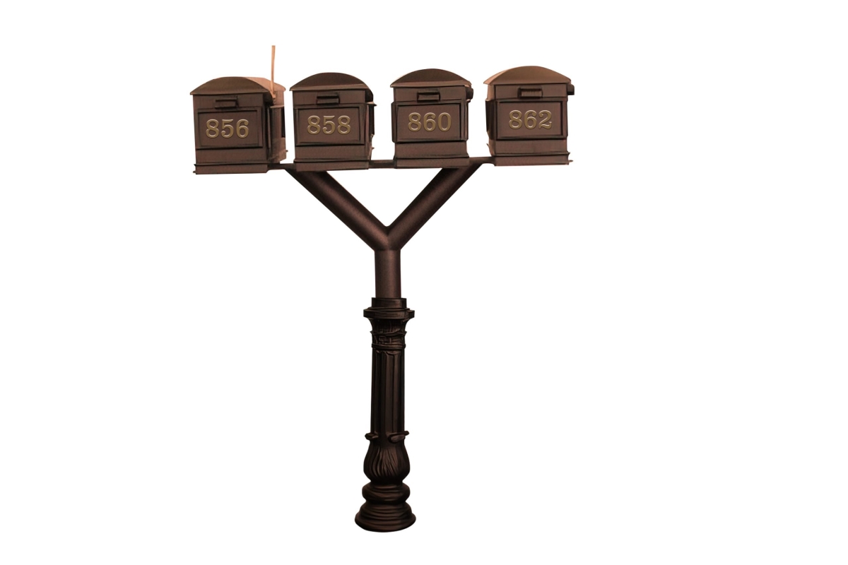PENPST4-700-LM-BRZ Penfield Quad Mailbox Post System, Decorative Ornate Base with 4 Lewiston Mailboxes - Bronze