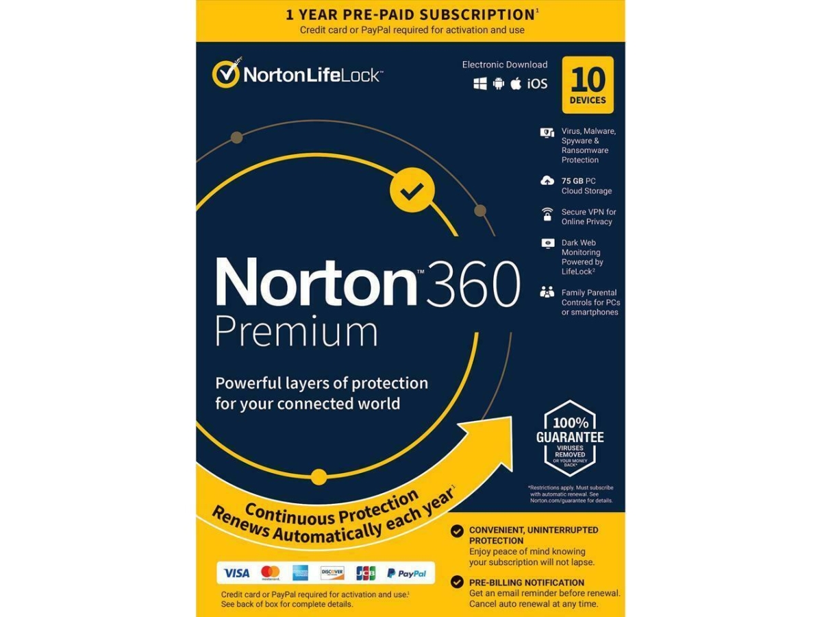 Picture of Symantec 21389946 1 Year Norton 360 Premium 10 Device Software