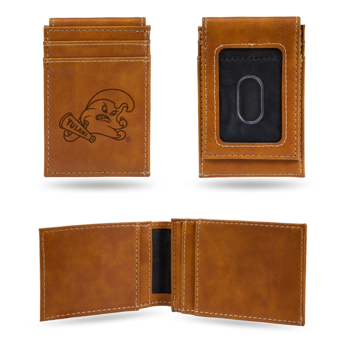 LEFPW170201BR NCAA Tulane Green Wave Brown Laser Engraved Front Pocket Wallet
