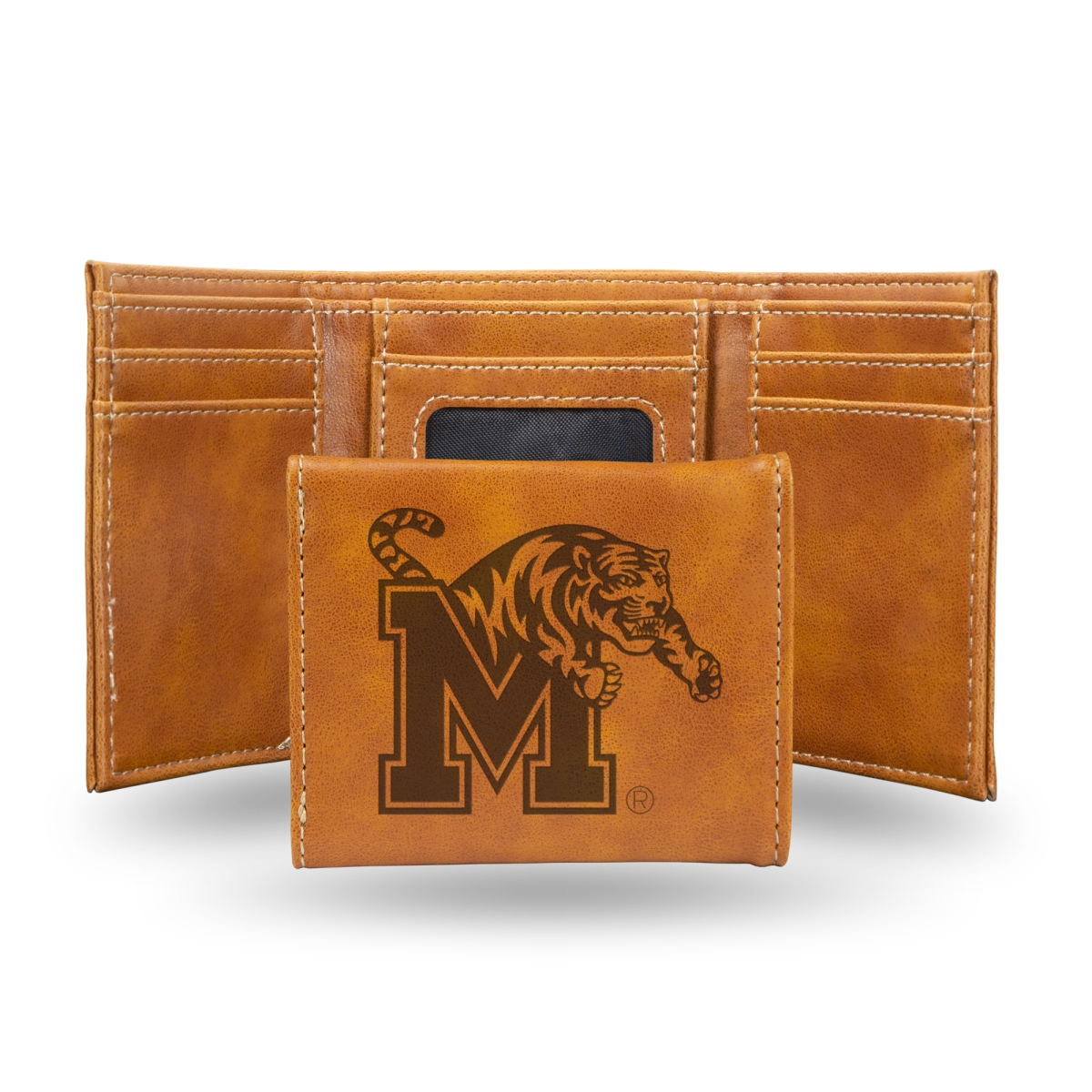LETRI180802BR NCAA Memphis Tigers Brown Laser Engraved Tri-Fold Wallet