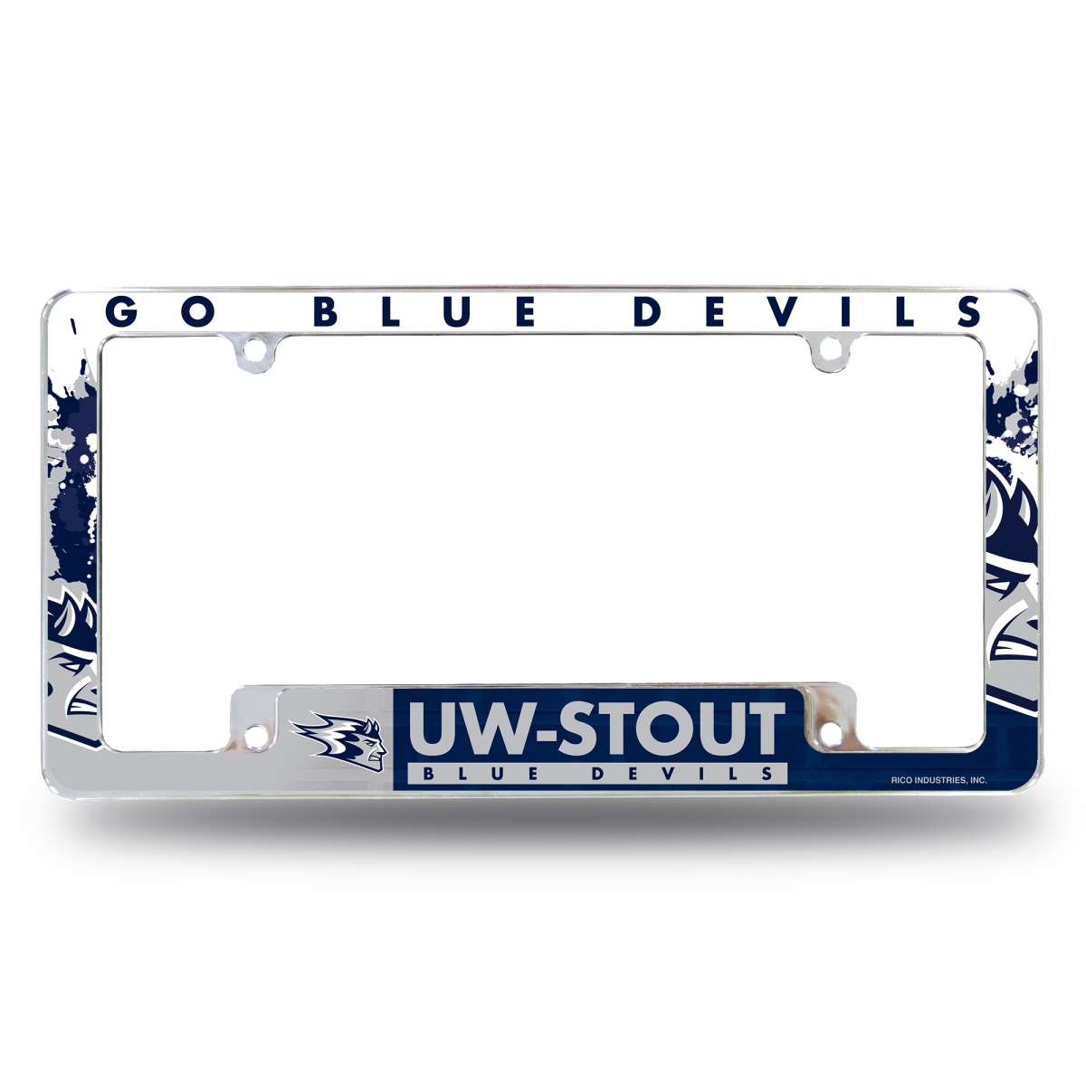 AFC451002B NCAA Wisconsin-Stout Blue Devils Primary All Over Chrome License Plate Frame, 12 x 6 in.