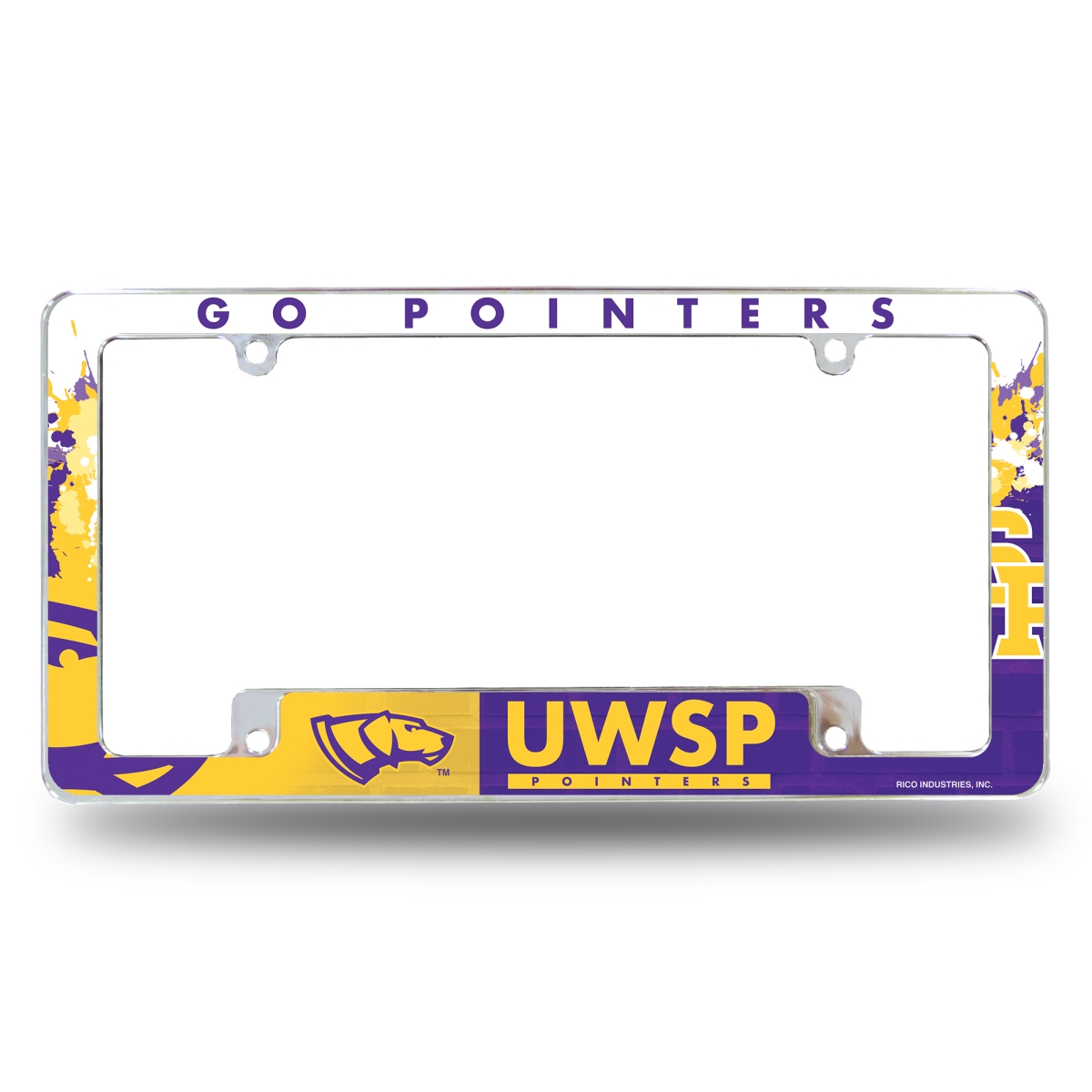 AFC450601B NCAA Wisconsin-Stevens Point Pointers Primary All Over Chrome License Plate Frame, 12 x 6 in.