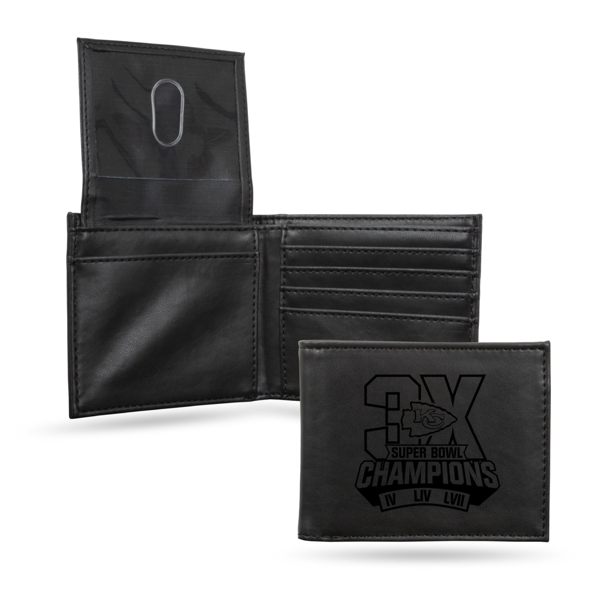 Picture of Rico Industries LEBIL27SB3TBK NFL Football Kansas City Chiefs 3 Time Super Bowl Champions Laser Engraved Bill-fold Wallet with Slim Design & Great Gift