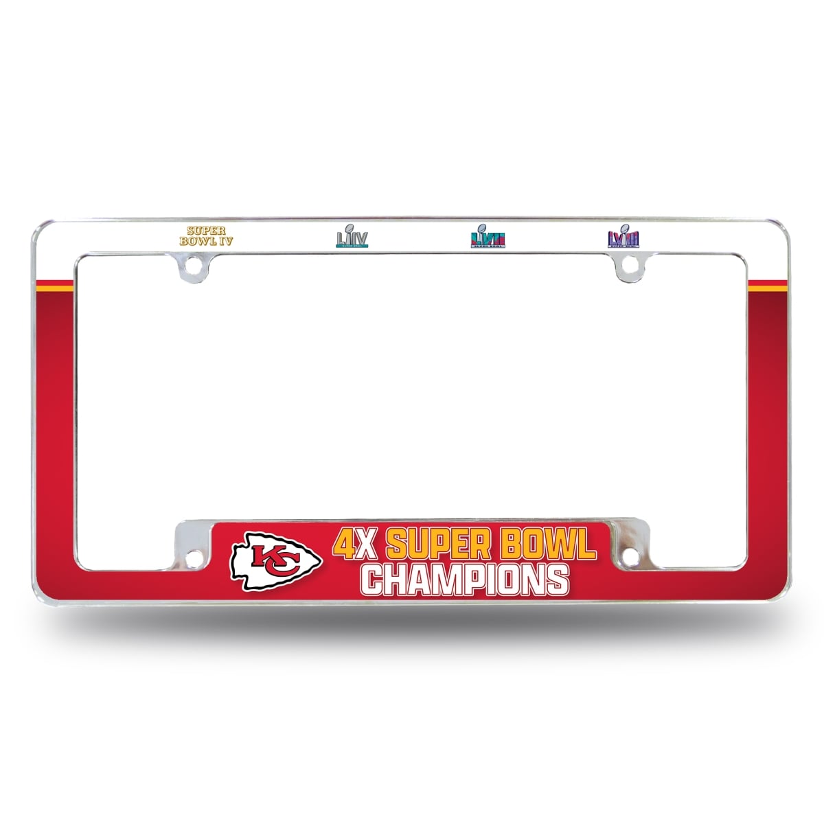 AFC27SB4T NFL Football Kansas City Chiefs 4 Time Super Bowl Champions All Over Chrome License Plate Frame, 12 x 6 in.