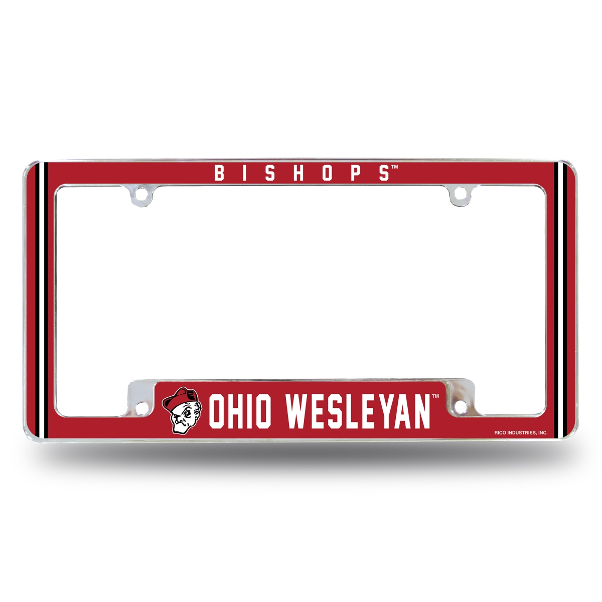 AFC302201B NCAA Ohio Wesleyan Battlin Bishops All Over Chrome License Plate Frame, 12 x 6 in.