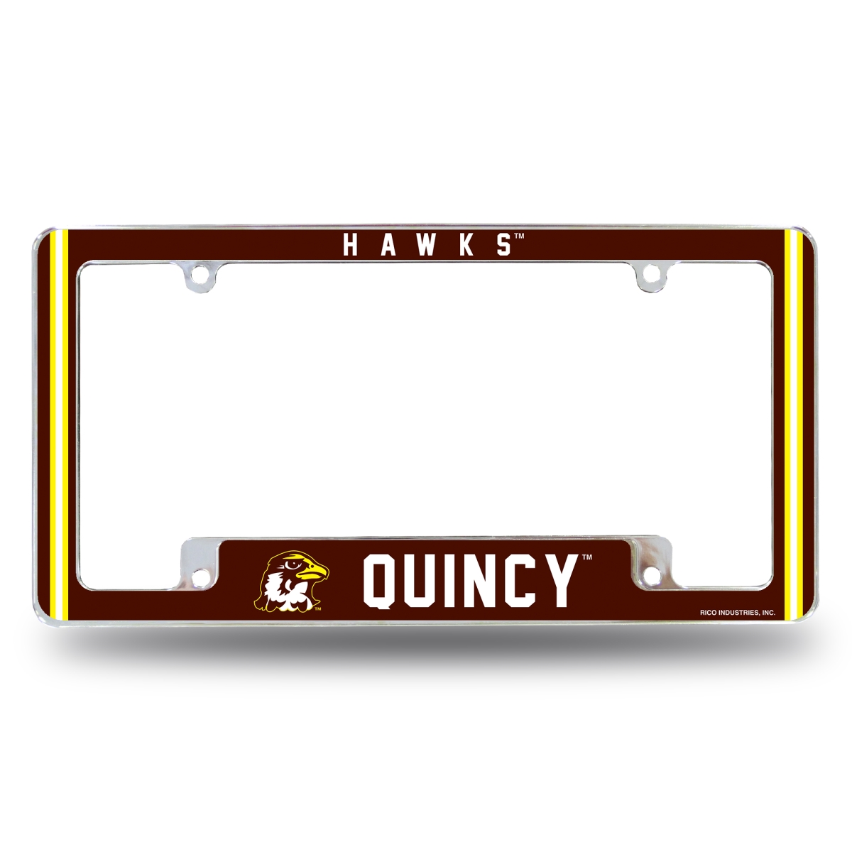 AFC402301B NCAA Quincy Hawks All Over Chrome License Plate Frame, 12 x 6 in.