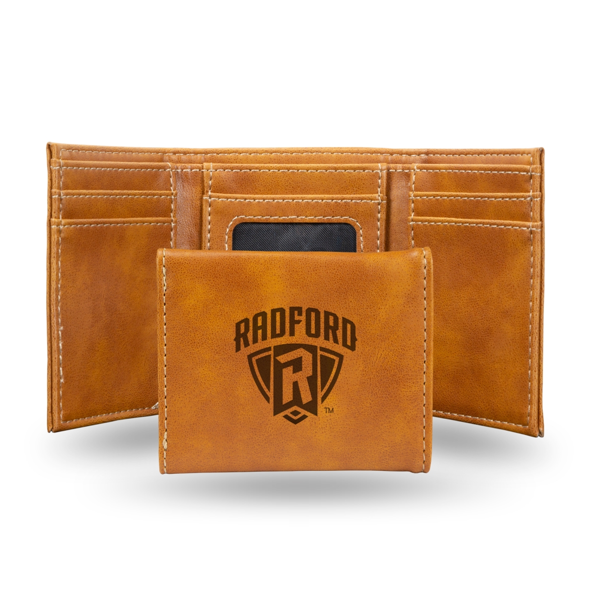 LETRI341101BR NCAA Radford Highlanders Brown Laser Engraved Tri-Fold Wallet