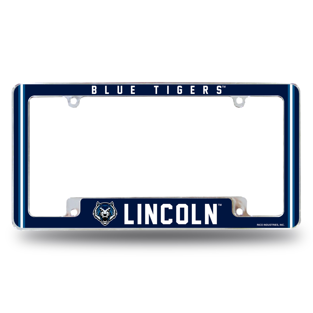 AFC391201B NCAA Lincoln - MO Blue Tigers All Over Chrome License Plate Frame, 12 x 6 in.