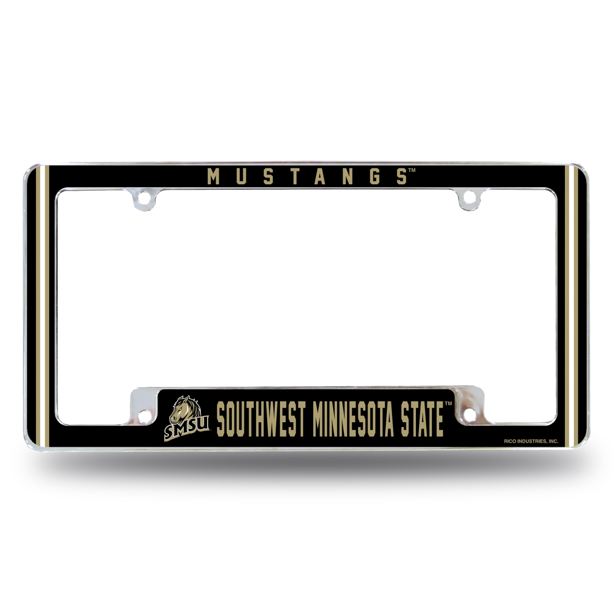 AFC381001B NCAA Southwest Minnesota Mustangs All Over Chrome License Plate Frame, 12 x 6 in.