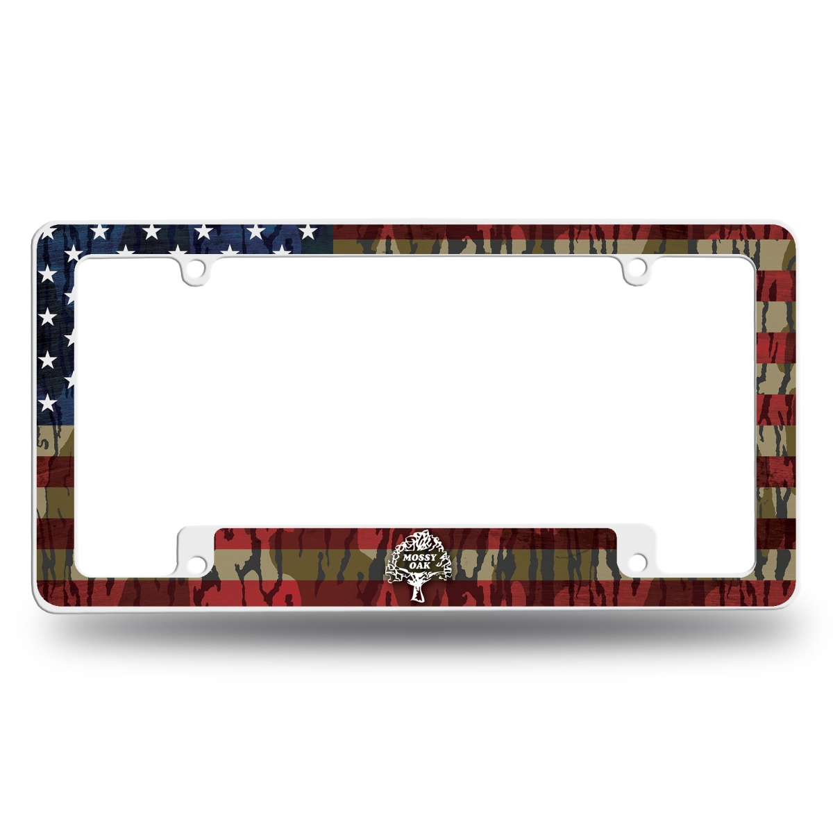 AFC122483CB Wildlife American Flag with Camo Stripes All Over Chrome License Plate Frame, 12 x 6 in.