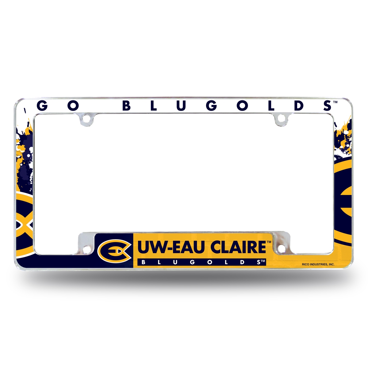 AFC450802B NCAA Wisconsin-Eau Claire Blugolds Primary All Over Chrome License Plate Frame, 12 x 6 in.