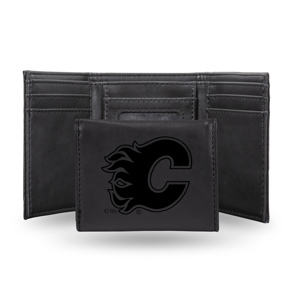 LETRI7602BK NHL Hockey Calgary Flames Black Laser Engraved Tri-Fold Wallet