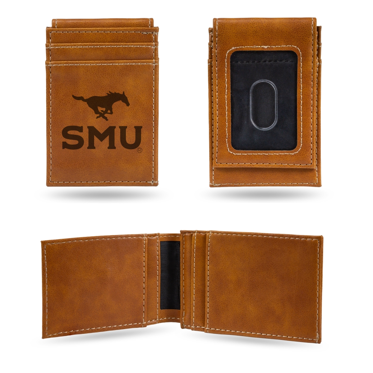 LEFPW262101BR NCAA Southern Methodist Mustangs Brown Laser Engraved Front Pocket Wallet