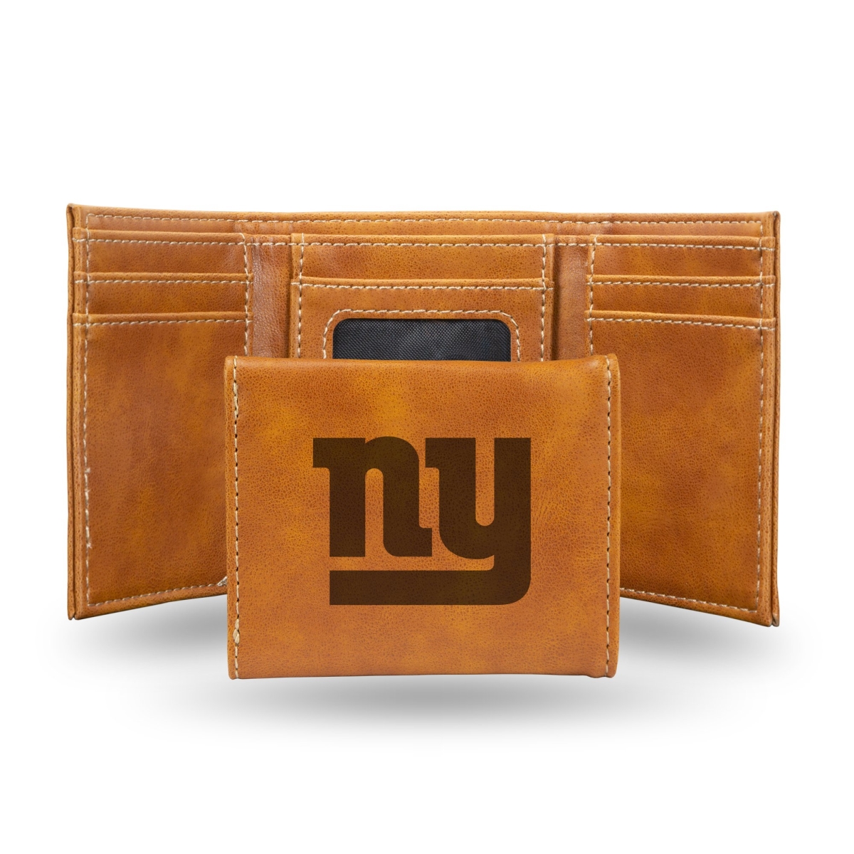 Picture of Rico LETRI1401BR NFL New York Giants Brown Faux Leather Laser Engraved Trifold Wallet with Black Logo