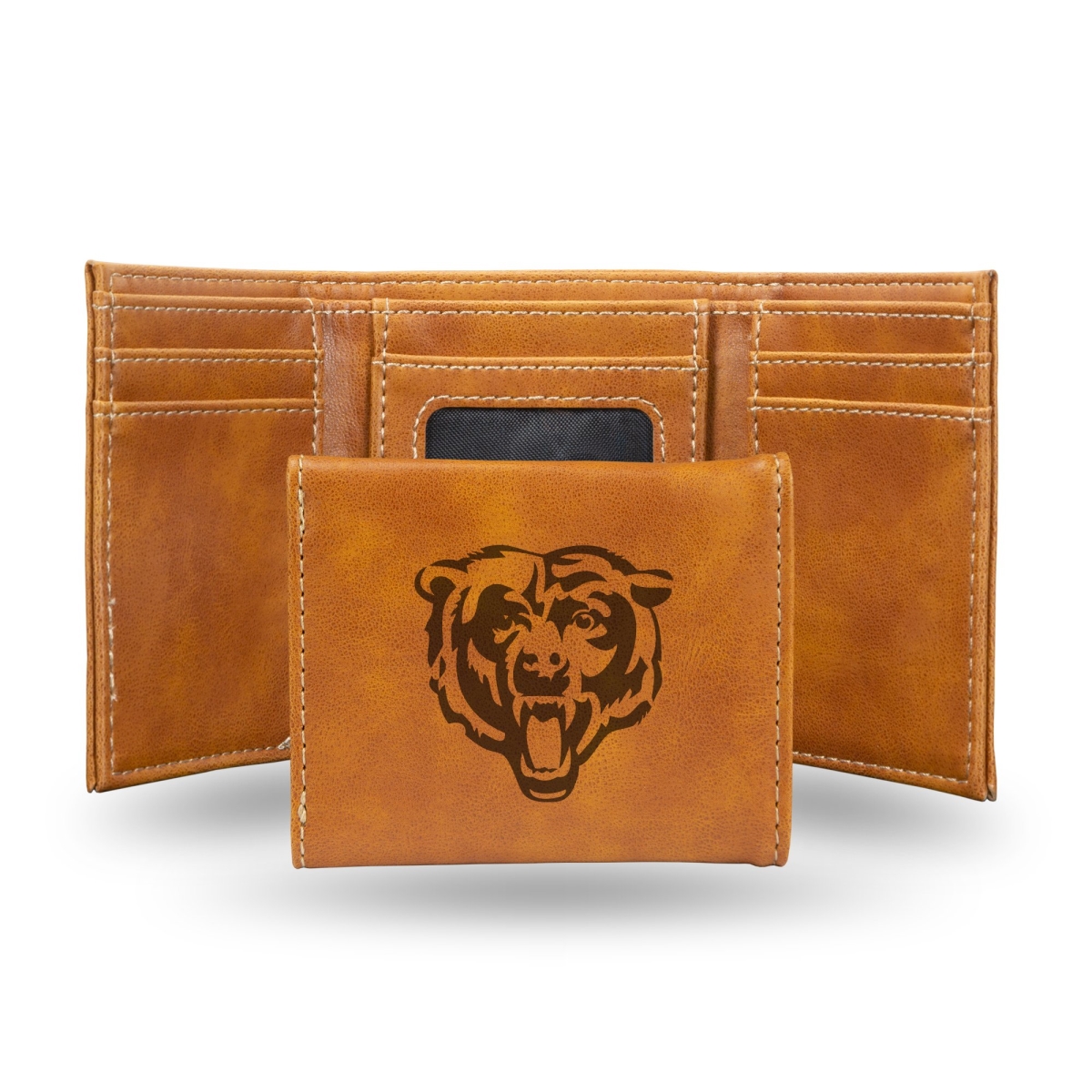 Picture of Rico LETRI1201BR NFL Chicago Bears Brown Faux Leather Laser Engraved Trifold Wallet with Black Logo