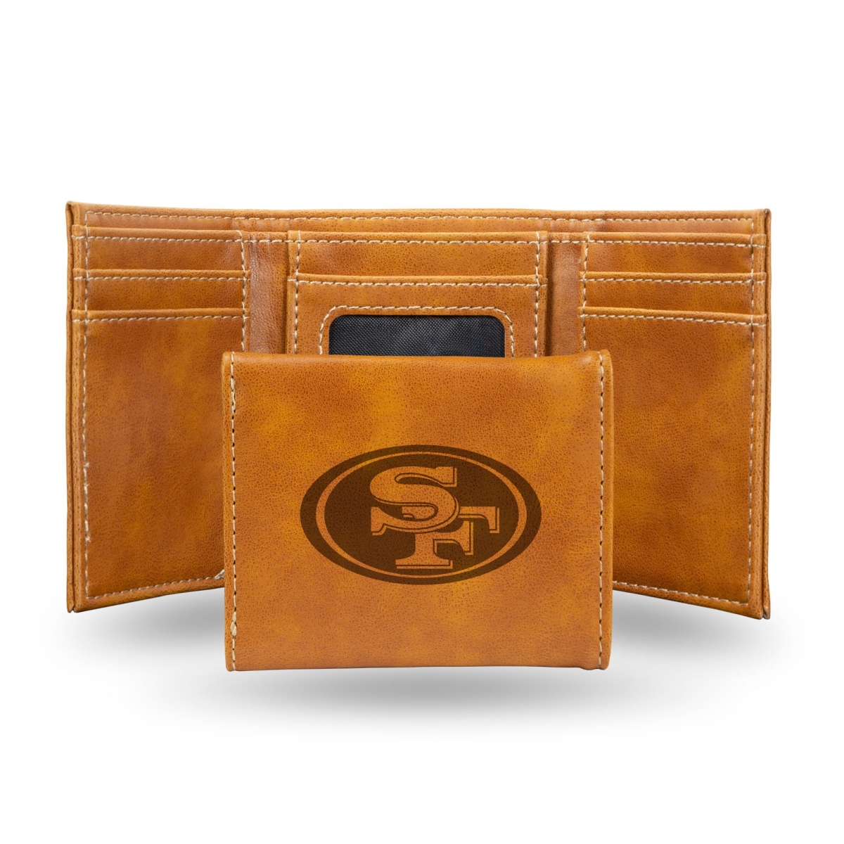 Rico LETRI1901BR NFL San Francisco 49ers Brown Faux Leather Laser Engraved Trifold Wallet with Black Logo