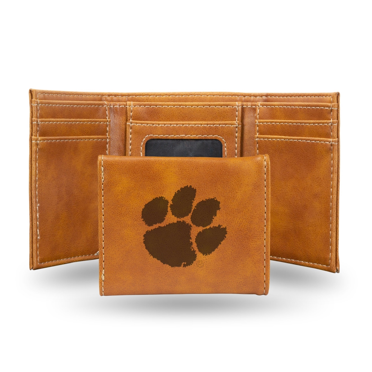 Picture of Rico LETRI120201BR NCAA Clemson Tigers Laser Engraved Brown Trifold Wallet