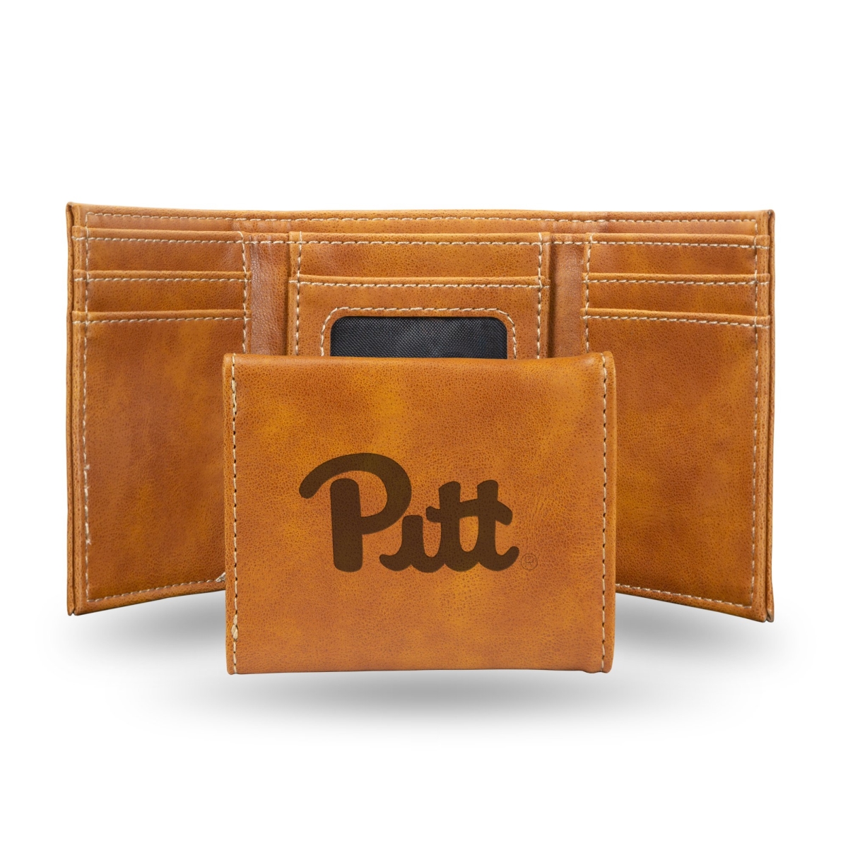 Rico LETRI210401BR NCAA Pitt Panthers Laser Engraved Brown Trifold Wallet