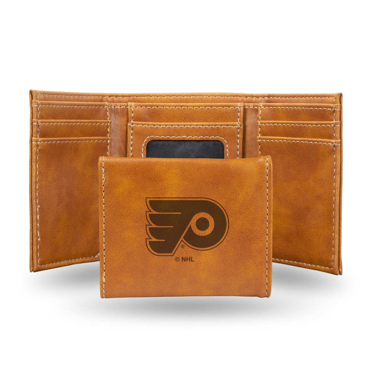 Picture of Rico LETRI7401BR NHL Philadelphia Flyers Laser Engraved Brown Trifold Wallet