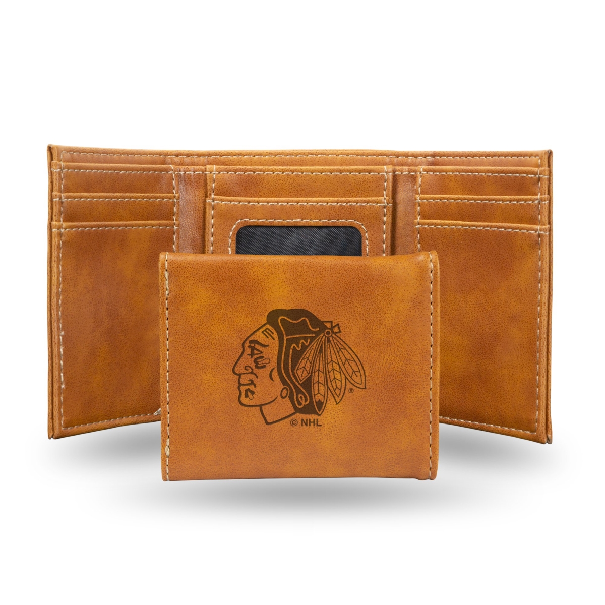 Picture of Rico LETRI7701BR NHL Chicago Blackhawks Laser Engraved Brown Trifold Wallet