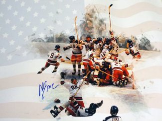 Picture of Athlon CTBL-017729 Mike Eruzione Signed 1980 Team USA Olympic Hockey Photo Team with Flag Miracle on Ice vs Soviet Union - 8 x 10