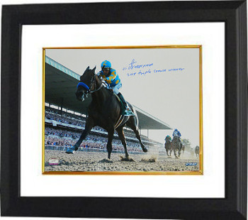 Picture of Athlon CTBLaBW17531 American Pharoah Signed Photo Custom Framed 2015 Belmont Stakes Horse Racing Triple Crown Winner with Espinoza - Steiner Holo - 16 x 20