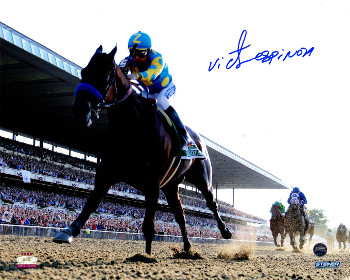 Picture of Athlon CTBL-017529 Victor Espinoza Signed Photo 2015 Belmont Stakes Leading Pack Horse Racing Triple Crown - Steiner Hologram - 16 x 20