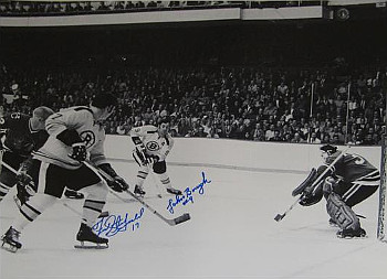 Picture of Athlon CTBL-a17837 Fred Stanfield Signed Boston Bruins B&W Photo with Johnny Bucyk - 16 x 20