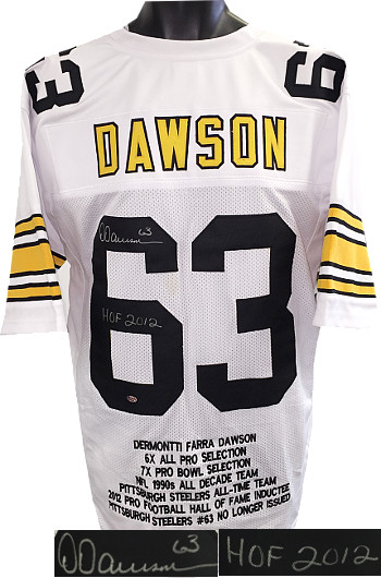 Picture of Athlon CTBL-017283N Dermontti Dawson Signed White TB Custom Stitched Pro Style Football Jersey - No.63 HOF 2012 with Embroidered Stats&#44; Extra Large