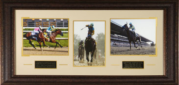 CTBLA16668 Victor Espinoza Unsigned 3 Photo Triple Crown Leather Framed Kentucky DerbyPreaknessBelmont Stakes  41 x 19