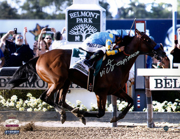 Picture of Athlon CTBL-018142 American Pharoah Signed Photo 2015 Belmont Stakes Finish Line Horse Racing Triple Crown with Victor Espinoza - Steiner Holo - 11 x 14