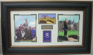 CTBL-003646a 1961-1995 St Andrews British Open 3 & Scorecard Leather Framed Arnold Palmer Unsigned Photo