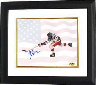 Picture of Athlon CTBL-BW14228 Mike Eruzione Signed 1980 Team USA Olympic Hockey Photo Custom Framed with Flag - Game Winning Goal Miracle on Ice - 16 x 20