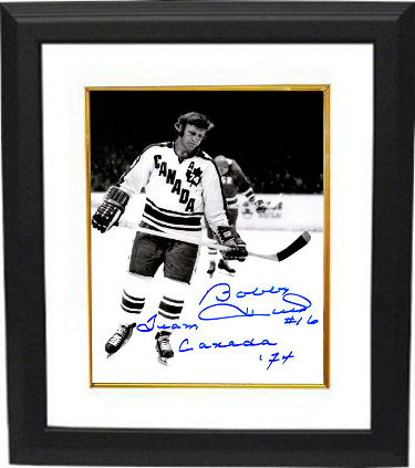 CTBL-BW21353 8 x 10 in. Bobby Hull Signed Team Canada Vintage B&W Photo Custom Framed Team Canada 74