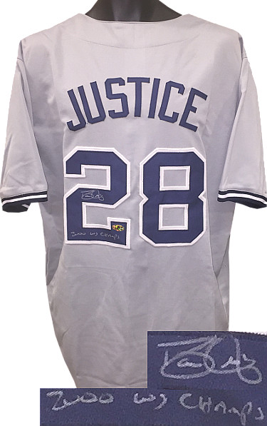 CTBL-015129X Dave Justice Signed TB Custom Stitched Pro Baseball Jersey 2000 WS Champs - Gray, Extra Large